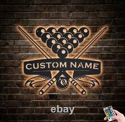 Custom Billiards metal wall with LED Light, Personalized Pool Player Name Sign