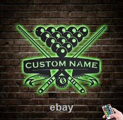 Custom Billiards metal wall with LED Light, Personalized Pool Player Name Sign