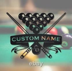 Custom Billiards metal wall with LED Light, Personalized Pool Player Name Sign