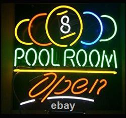 Pool Room Open Billiards Eight Balls Neon Sign Lamp Light Business 20x16