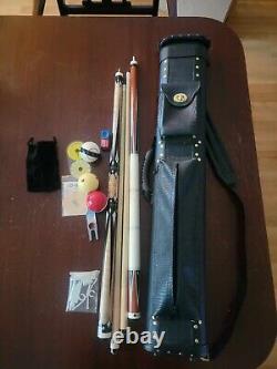 Two Pool Cues and Custom Leather Case. PureX HXT65, Lucasi LZC27, Lexpoint +More