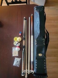 Two Pool Cues and Custom Leather Case. PureX HXT65, Lucasi LZC27, Lexpoint +More