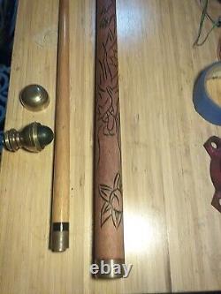 Vintage Walking Cane Stick Concealed Pool Cue Billiards Wood Knob Brown Carved