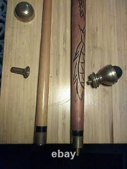 Vintage Walking Cane Stick Concealed Pool Cue Billiards Wood Knob Brown Carved